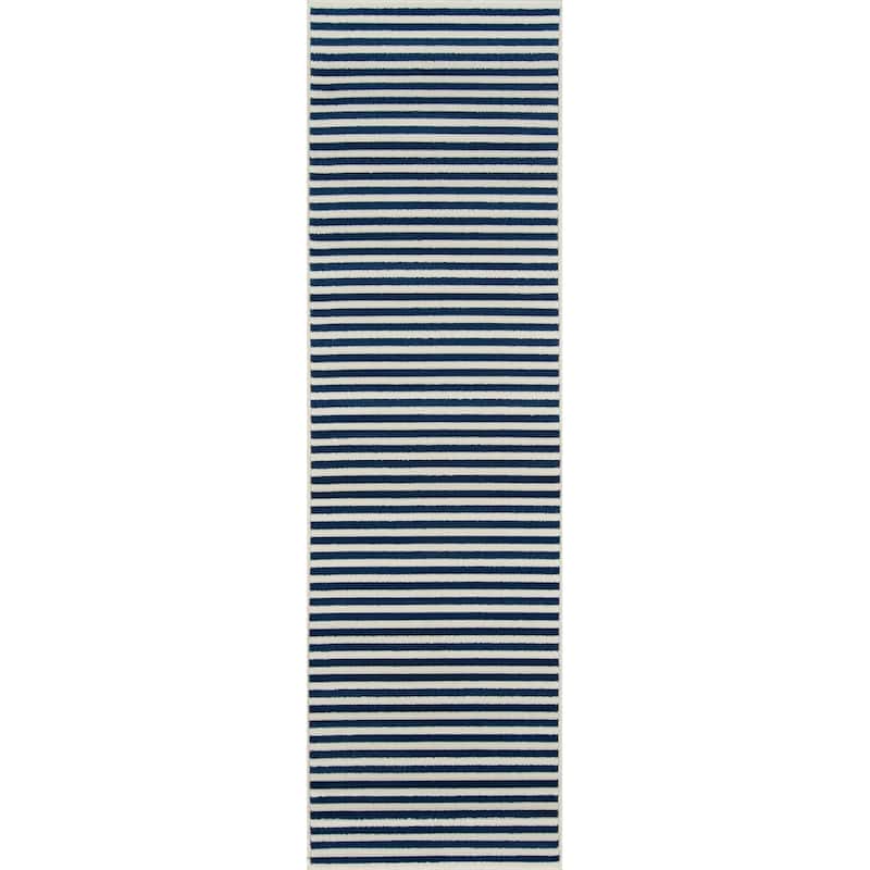 Momeni Baja Stripe Indoor Outdoor Rug - 2'3" x 7'6" Runner - Navy
