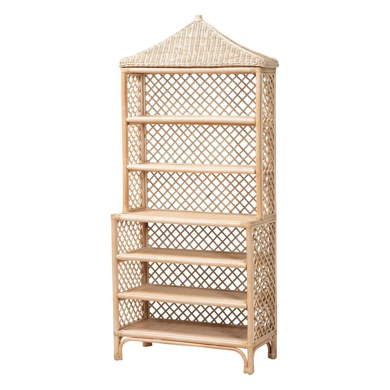 Adonis Natural Rattan Display Shelf - Freestanding 6-Tier bookcase with Pagoda Top, Coastal Boho Storage Organizer - Light Honey