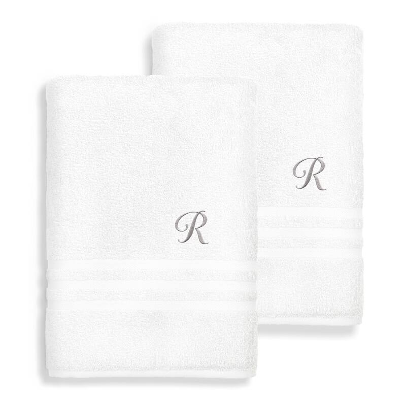 Authentic Hotel and Spa Omni Turkish Cotton Terry Set of 2 White Bath Towels with Grey Script Monogrammed Initial - White/R