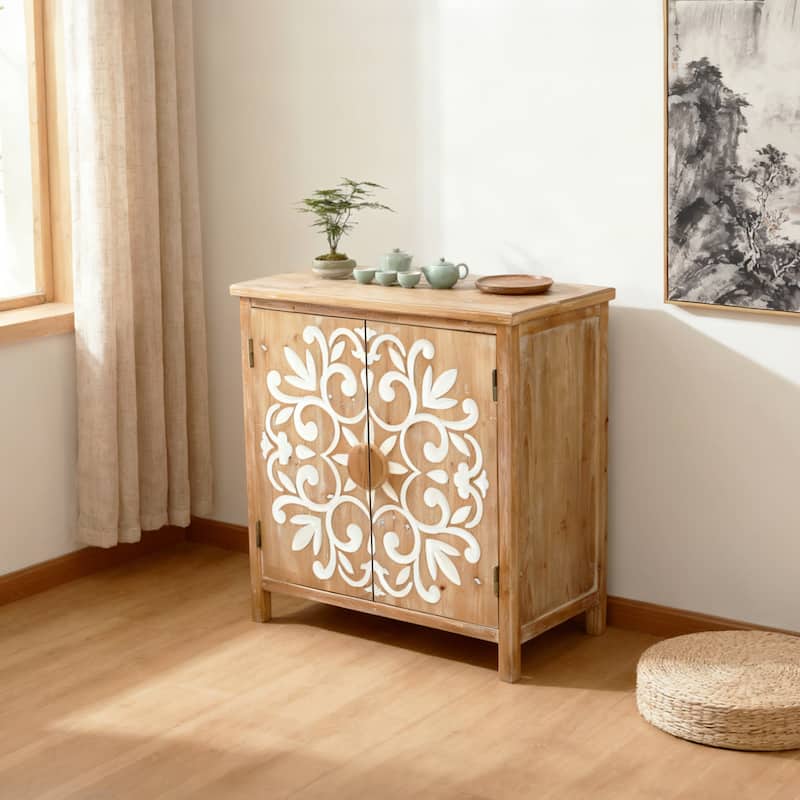 Rustic Wooden Accent Cabinet with Floral Carved Doors, 2 - Door Storage Cabinet for Living Room, Entryway, Dining Room