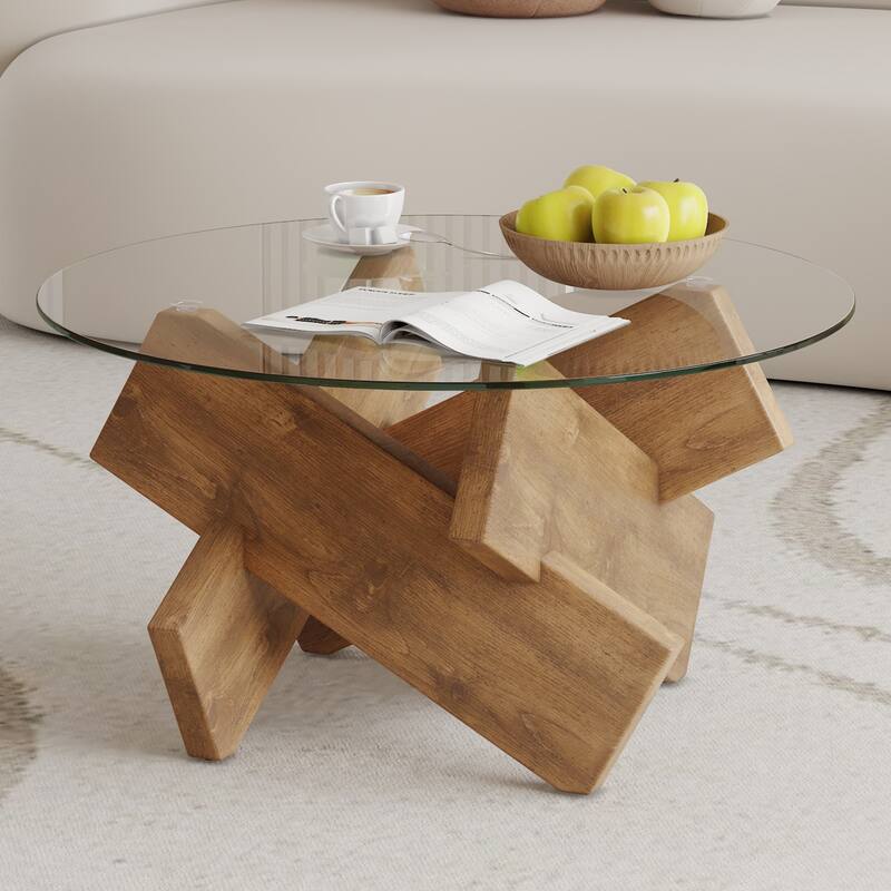 Roomfitters Round Glass Coffee Table with Wood Color MDF Legs, 33.4" Tempered Top Tea Table for Modern Homes