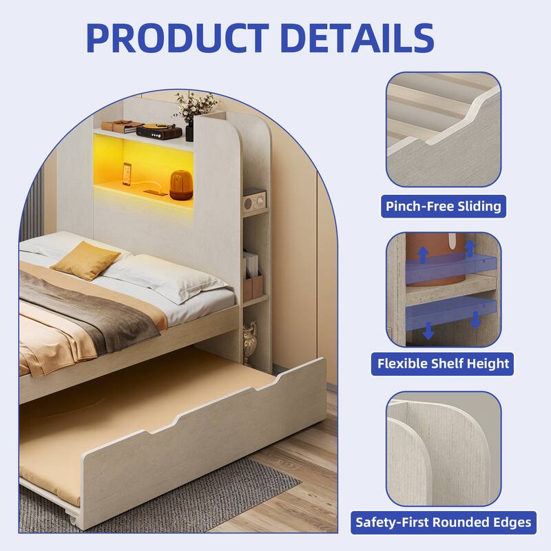 Bed with Trundle, Twin Size Bed Frame with Bookcase Daybed Storage Headboard and Charging Station & RGB LED Lights Bed