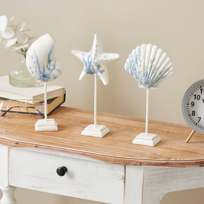 White Polystone Shell and Starfish Sea Life Decorative Sculpture with Blue Coral Patterns (Set of 3) - White