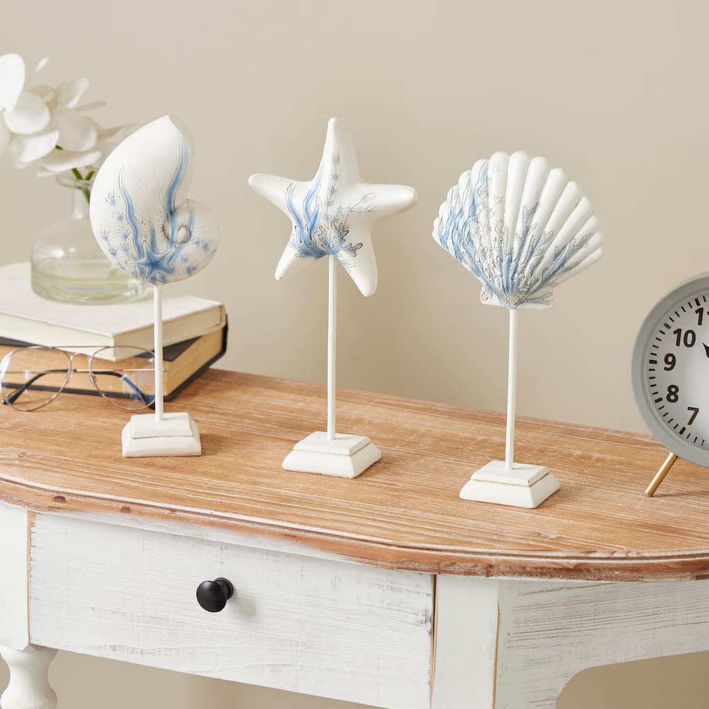 White Polystone Shell and Starfish Sea Life Decorative Sculpture with Blue Coral Patterns (Set of 3)