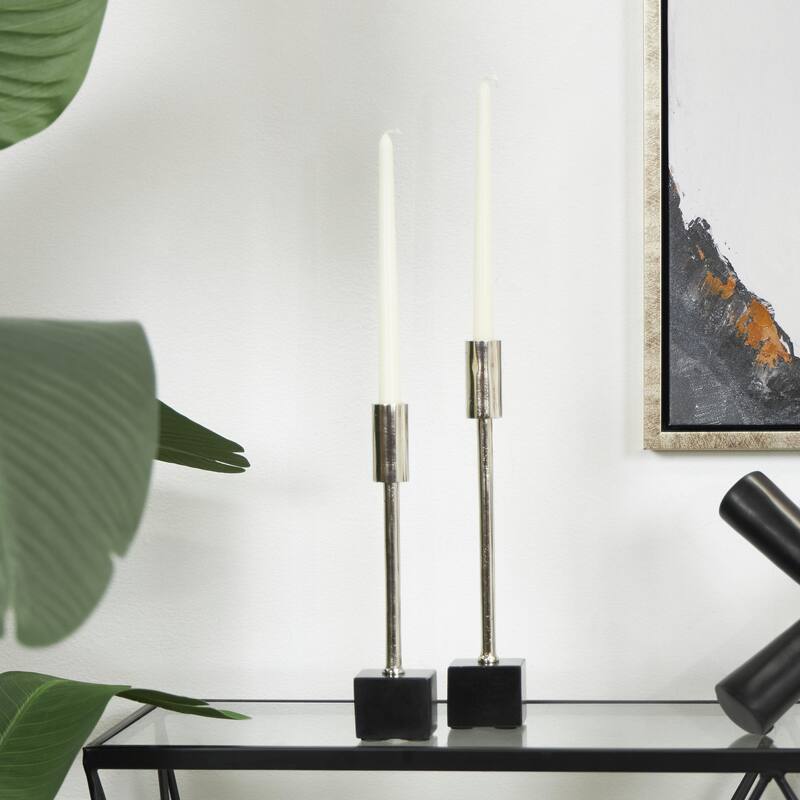 Aluminum Metal Slim Decorative Candle Holder with Black Block Bases - Set of 2 Silver or Black - Roche River Decor