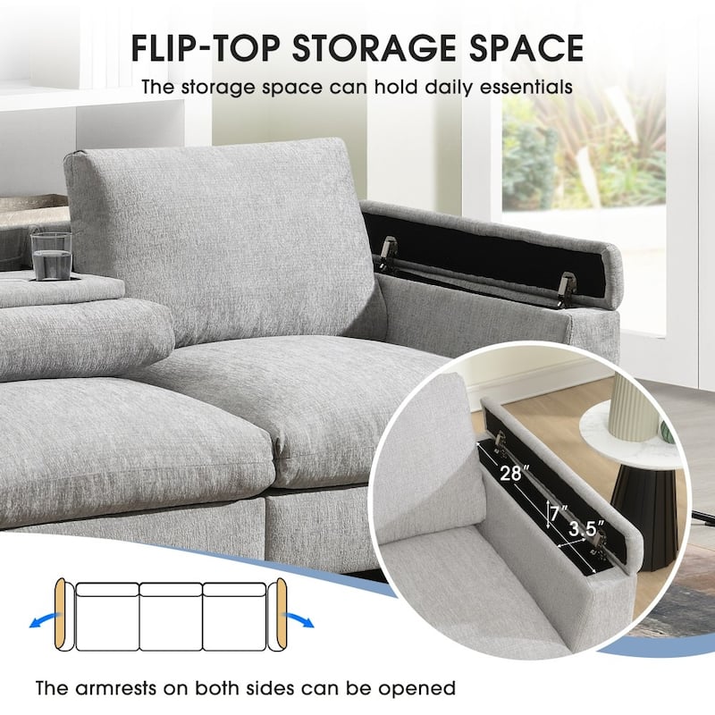 96'' Sectional Sofa with Bluetooth Speaker, Drop Down Table, USB Charger, Storage Armrest
