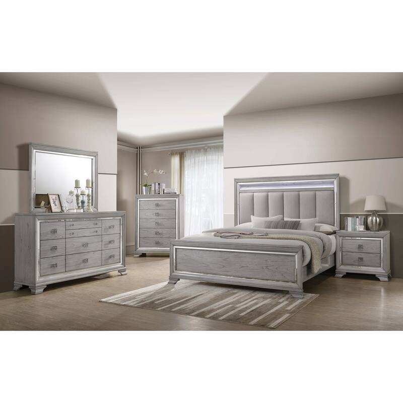 Evonne 5 Piece Gray LED Upholstered Panel Bedroom Set