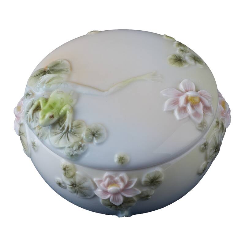 Charis 3.54" width FROG & WATER LILY TRINKET BOX multicolor Fine Porcelain