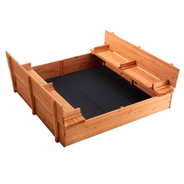 slide 2 of 12, Natural Wooden Sandbox with Foldable Bench Seats and Bottom Liner Perfect Gift for Kids - 52.4” x 47.2” x 16.9”