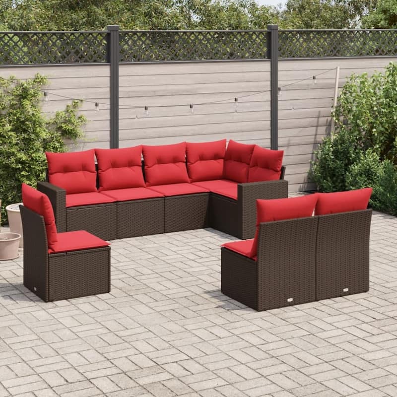 vidaXL Patio Sofa Set with Cushions Outdoor Conversation Furniture Poly Rattan - 25.8" x 24.4" x 27.2" - Brown and red without table