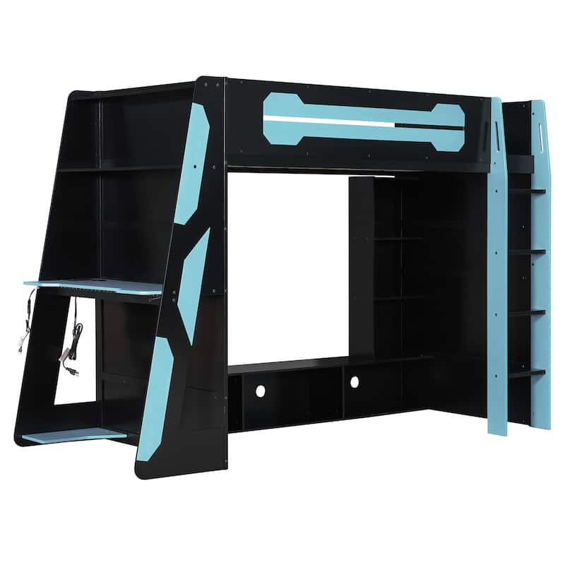 Full Size Gaming Loft Bed Esports-Inspired Bed with Desk Shelves and Charging Station for Gaming Bedroom Setup, Esports Hotels