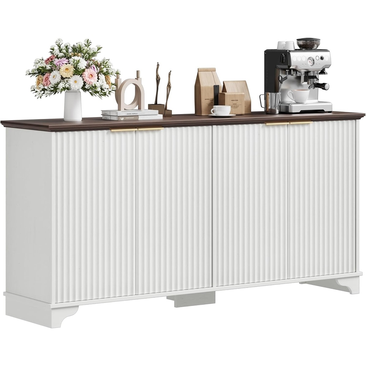 Sideboard with Fluted Doors, Farmhouse Kitchen Cupboard with Shelves Coffee Bar for Home Dining Room