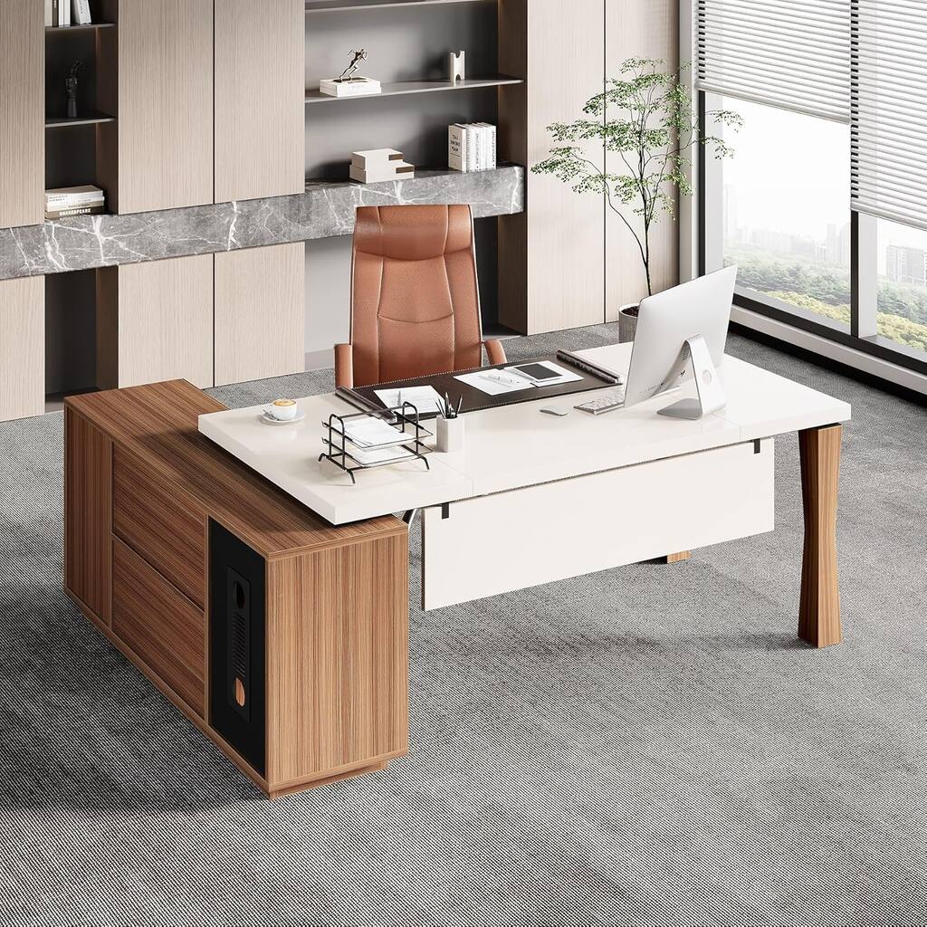 78.78"L-Shaped Executive Desk with Storage Cabinet, Cream White & Walnut