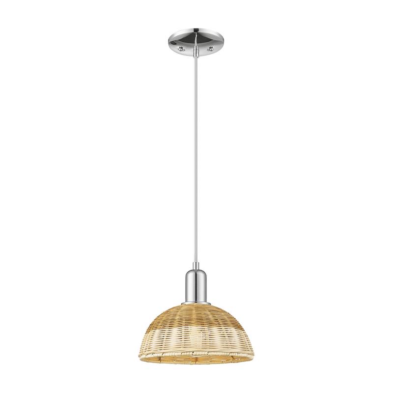Innovations Lighting Downtown Urban - Natural Ballston Dome - 1 Light 9" Cord Hung Mini Pendant with Basketweave Shade - Polished Chrome