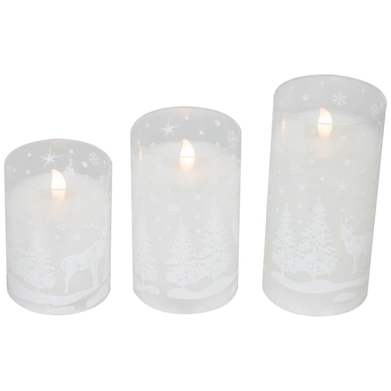 3 Snowy Woodland Flameless LED Flickering Christmas Pillar Candles 6"