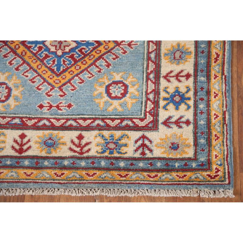 Hand Knotted Oriental 100% Wool Carpet Traditional Geometric Navy Blue & Blues Kazak Runner Rug - 9' 0'' X 2' 9''