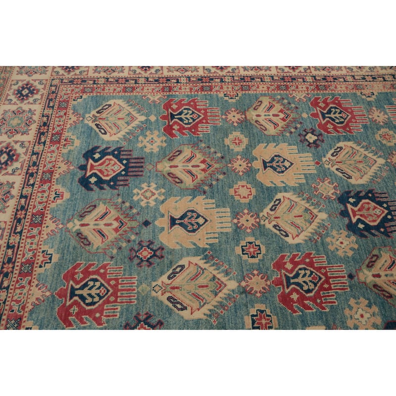 Hand Knotted Oriental 100% Wool Carpet Traditional Geometric Navy Blue & Blues Kazak Area Rug - 11' 10'' X 9' 0''