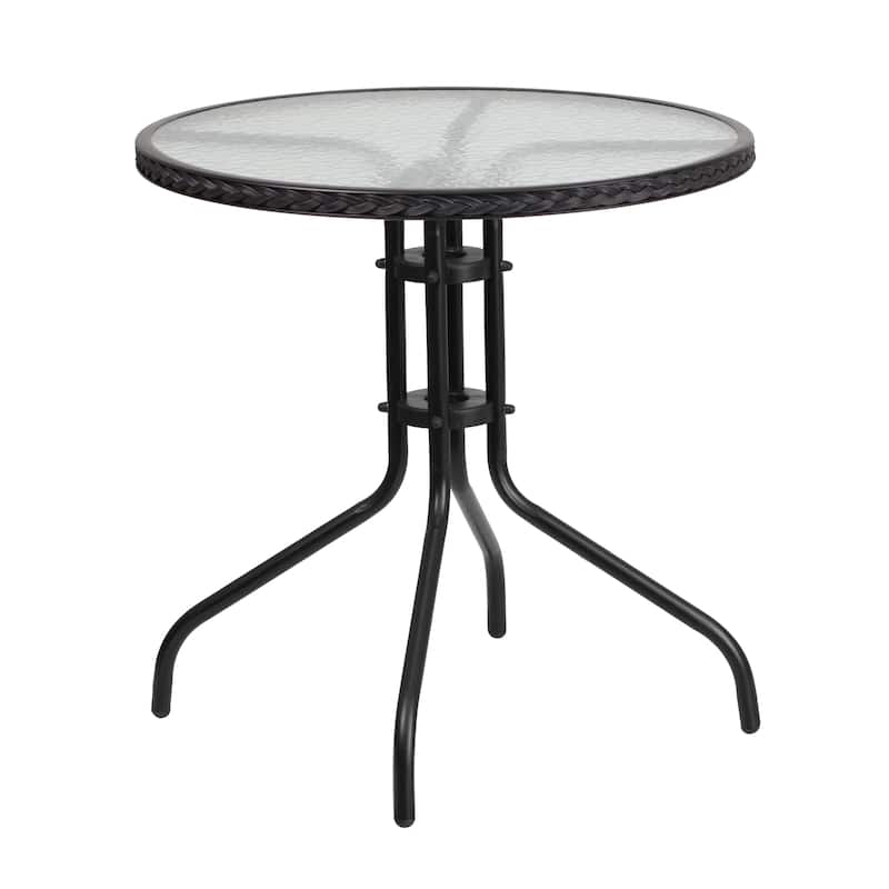 28'' Round Glass Metal Table with Rattan Edging and 4 Rattan Stack Chairs