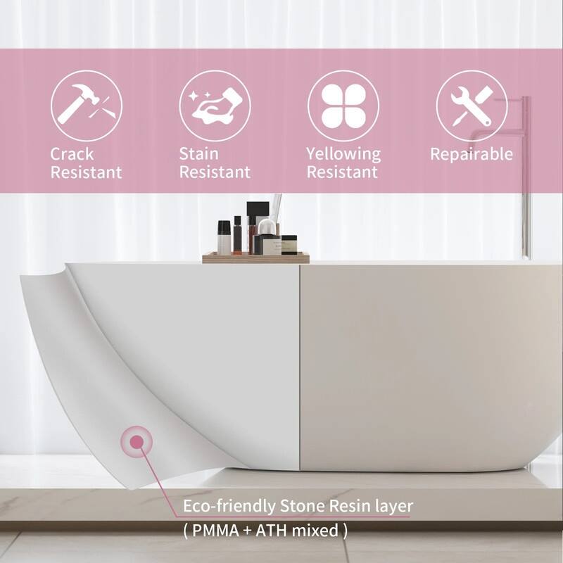 ABRUZZO 59" x 31" Freestanding Solid Surface Soaking Bathtub with Overflow and Drain in Glossy White