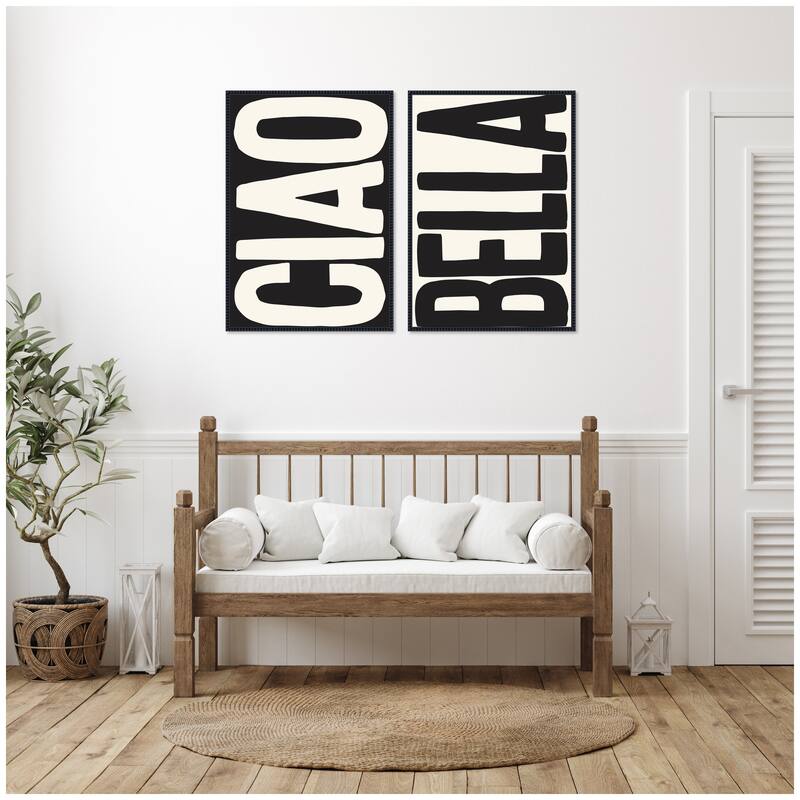 Kate and Laurel Ciao Bella Typography Black and White 2 Piece Framed Canvas Wall Art Set by Lucky Guava