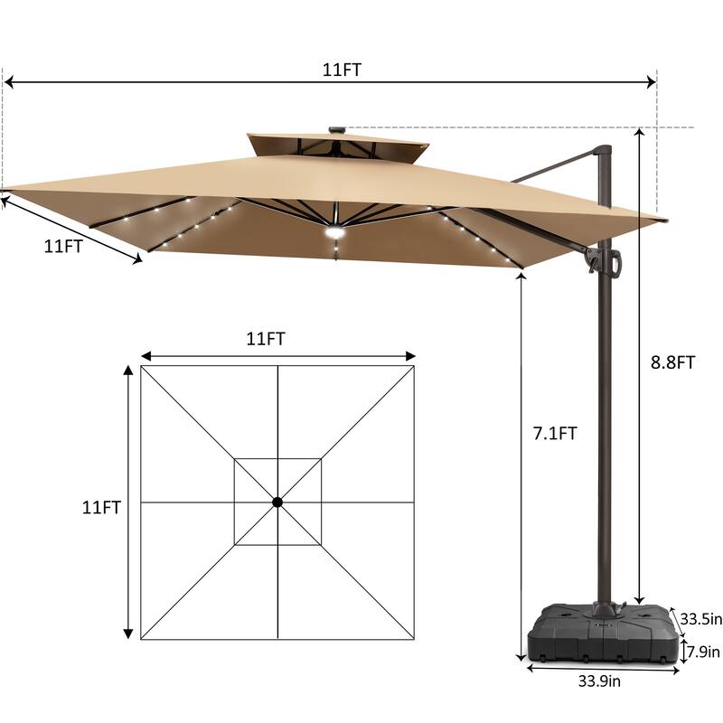 11 FT Square Outdoor Patio Cantilever Umbrella with Solar Lights All-Weather Wheeled Base Double Canopy 360 Rotation Tilt