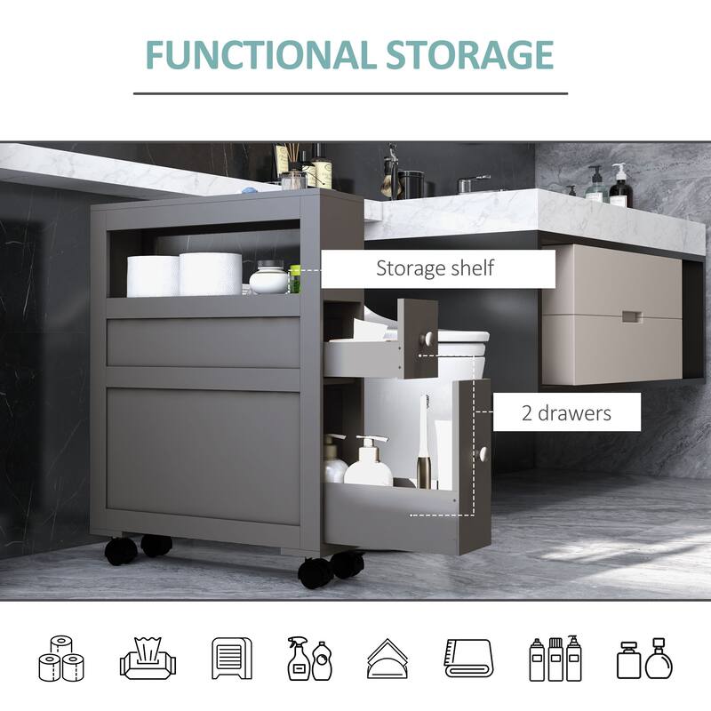 HOMCOM 6.25" x 20.5" x 28.25" Wood Rolling Narrow Bathroom Side Storage Cabinet - Gray
