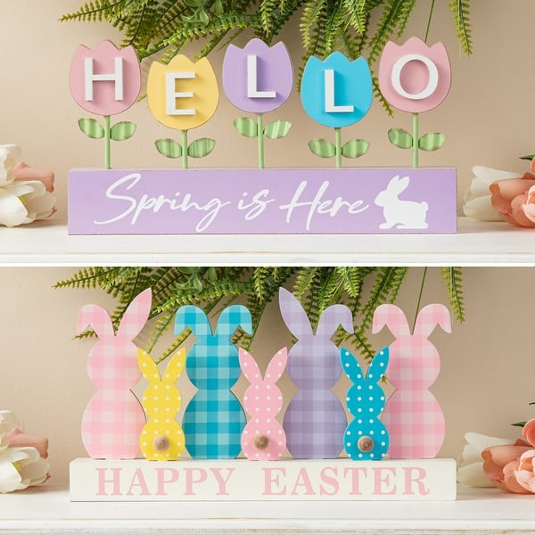 slide 2 of 18, Glitzhome Easter Wooden/Metal Tulips/Bunny Family Spring Theme Table Decor