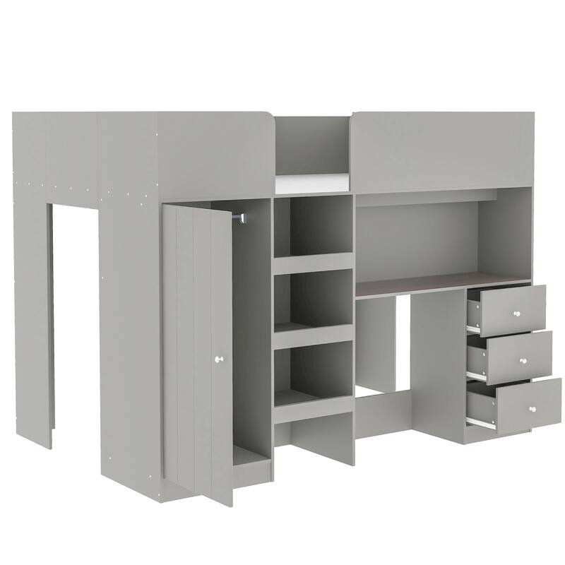 Full Size Loft Bed with Built-in Wardrobe, Desk, Storage Shelves and Drawers, Grey