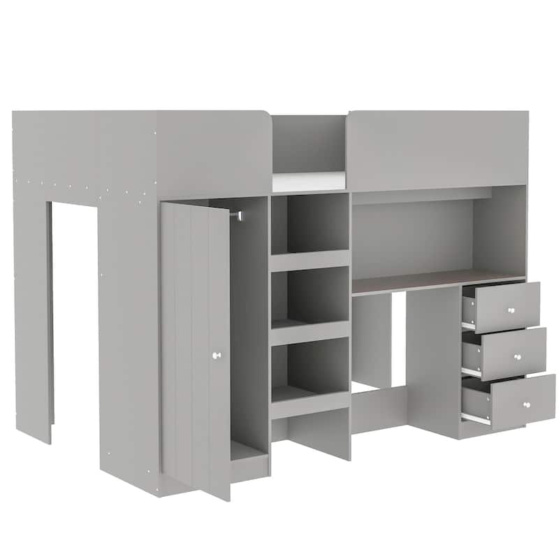 Full Size Loft Bed with Desk, Wardrobe, Drawers & Shelves, Wood Frame with Built-In Storage and Study Area