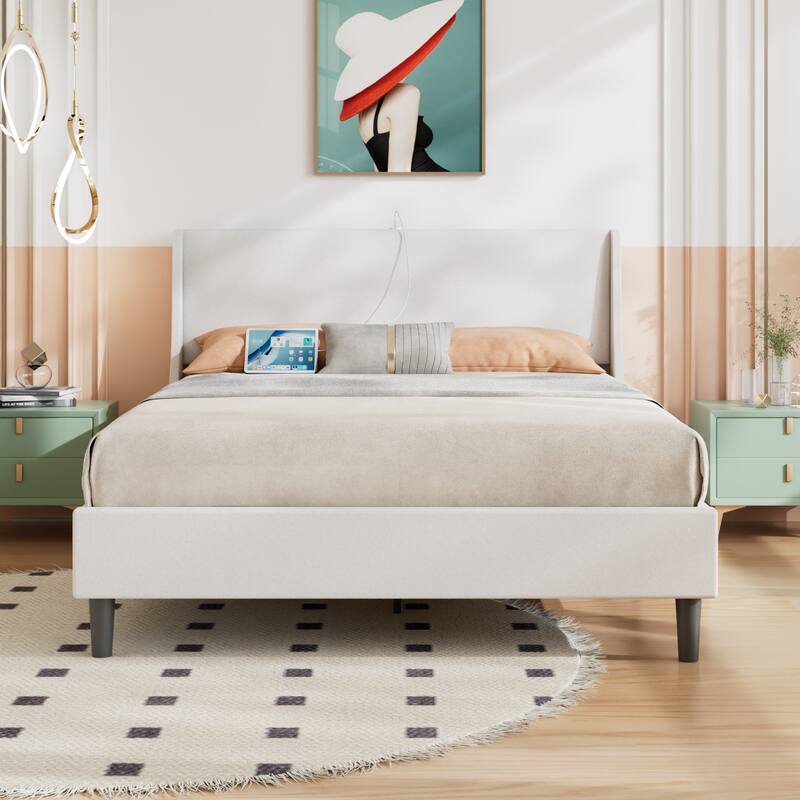 VECELO Bed Frame with Upholstered Wingback Headboard,Platform Bedframe with Charging Station & Side Pockets - White - Queen