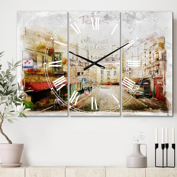 slide 2 of 6, Designart 'Paris Illustration' Cottage 3 Panels Oversized Wall CLock - 36 in. wide x 28 in. high - 3 panels