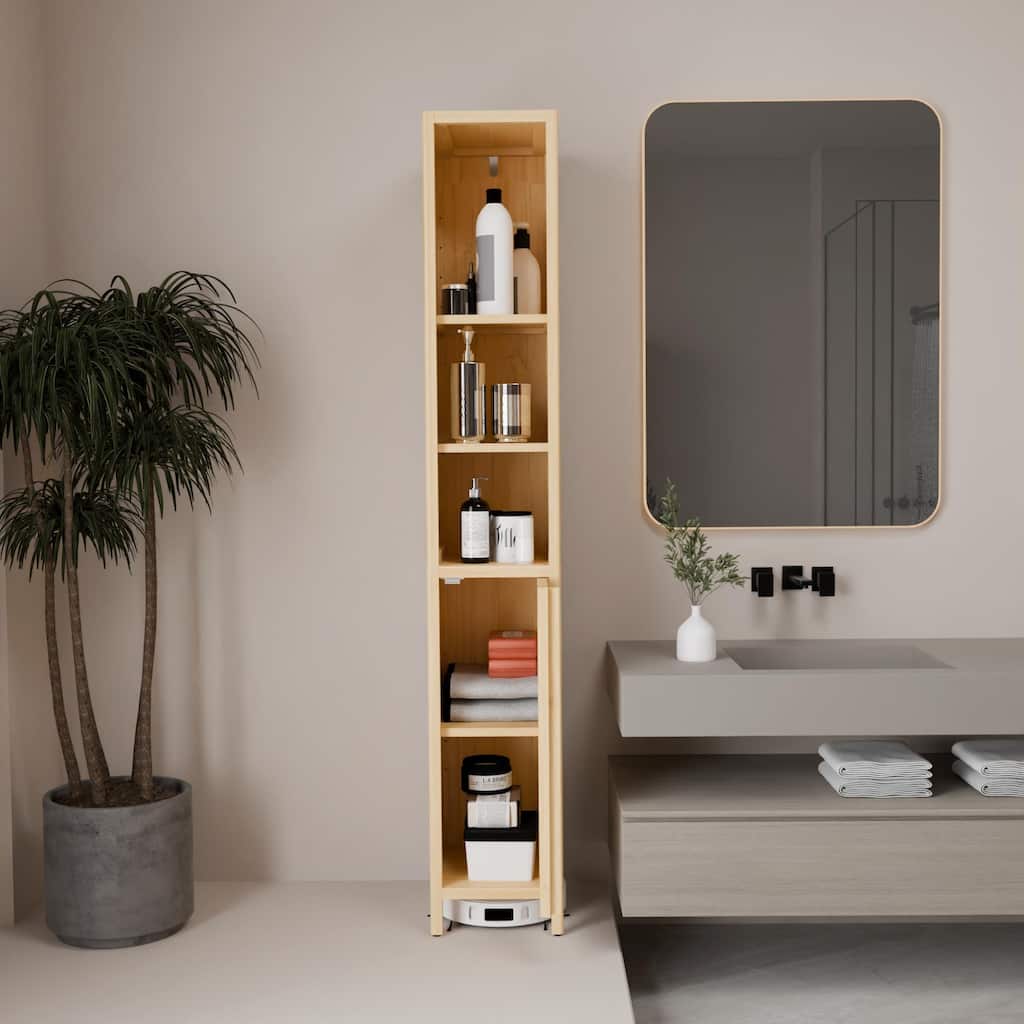 Anmytek Natural Bamboo Slim Tall Bathroom Storage Cabinet, Large Capacity Narrow Organizer with Open Shelves