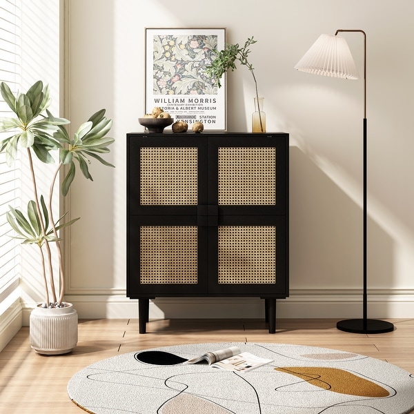 4-Doors Rattan Mesh Storage Cabinet for Entryway - Bed Bath