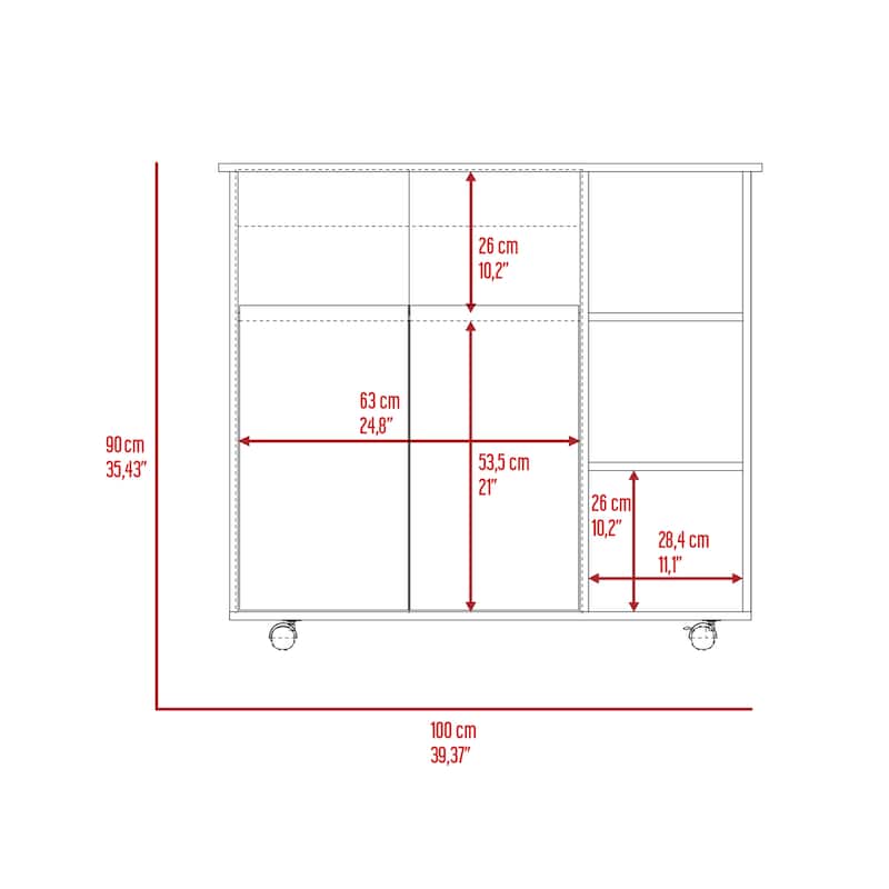 Compact Kitchen Island Kamkacht, Light Oak / White, 1 Cabinet, 4 Shelves, Locking Casters for Stability
