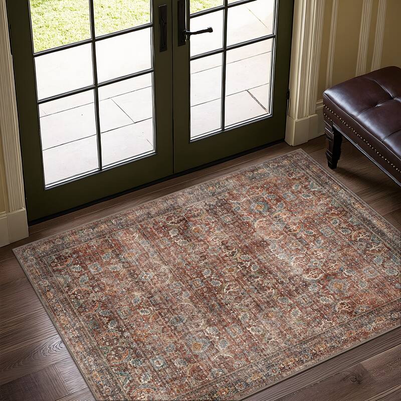 Mcow Vintage Floral Low-Pile Machine Washable Non-Slip Area Rug - 2'X5' - Brown - Rectangle