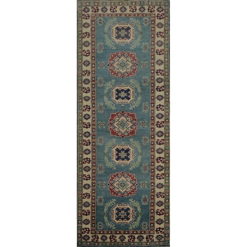 Hand Knotted Oriental 100% Wool Carpet Traditional Geometric Navy Blue & Blues Kazak Runner Rug - 7' 11'' X 2' 8''