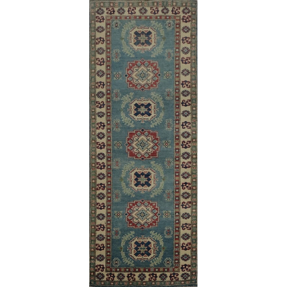 Hand Knotted Oriental 100% Wool Carpet Traditional Geometric Navy Blue & Blues Kazak Runner Rug - 7' 11'' X 2' 8''