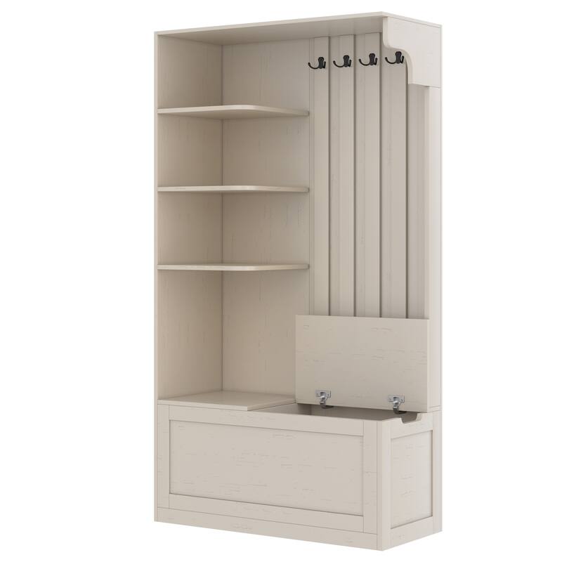 2-in-1 Hall Tree & Storage Cabinet for Living Room, Multifunctional Left-Right Combination Hall Cabinet with Bench and 4 Hooks