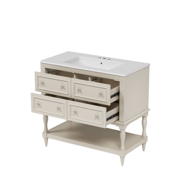 Roomfitters 36" Vanity with Undermount Ceramic Sink, Solid Wood Cabinet with 4 Drawers, Freestanding Bathroom Set