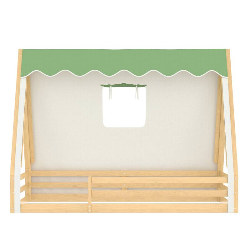 Full/Twin House Floor Bed with Tent, LED Light & Guardrails