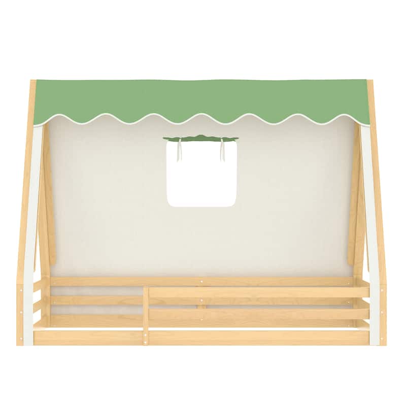 Teepee Montessori Bed for Toddlers, House-shaped Platform Bed Kids Playful Floor Bed with Tent, Sunroof and Light Strip