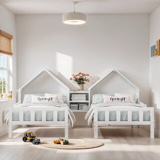 Double Twin Size Platform Bed with House Headboard and Nightstand, White