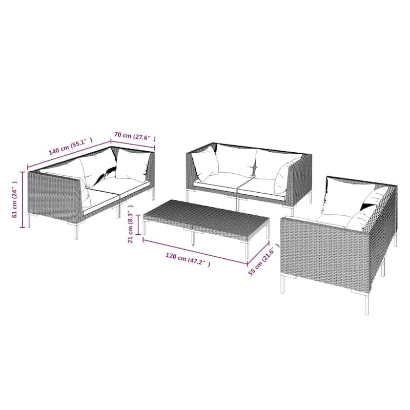 vidaXL Patio Lounge Set Outdoor Sectional Sofa Set Table Poly Rattan Dark Grey - 27.6" x 27.6" x 24"