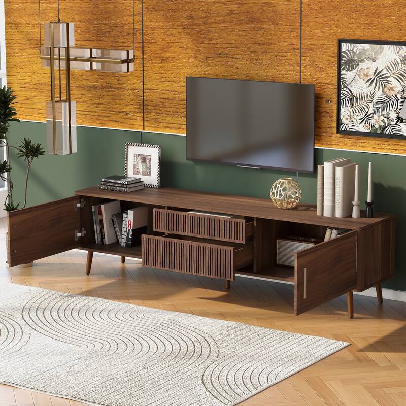 Mid Century TV Stand with 2 Drawers, Media Console Table for TVs up to 80'' - Walnut