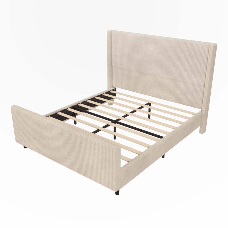 Corduroy Upholstered Bed Frame with Vertical Stripe Wingback and High Footboard
