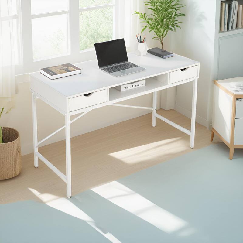 JJS 40" Modern Office Desk Large Computer Desk with Power Outlet, USB Port & Drawer, Home Workstation