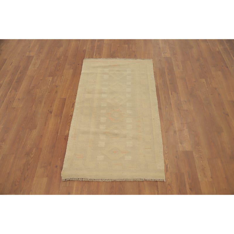 Hand Woven Oriental 100% Wool Carpet Southwestern Tribal Beige & Ivories Kilim Area Rug - 3' 9'' X 2' 1''