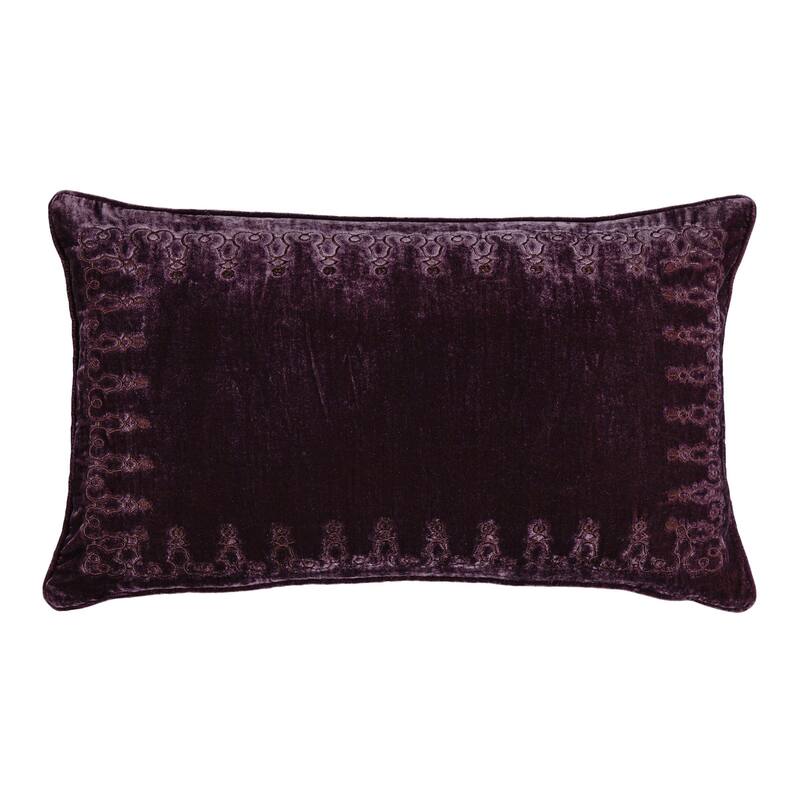HiEnd Accents Stella Faux Silk Velvet Romantic Western Embroidered Decorative Throw Lumbar Pillow, 14"x24" - Dark Violet