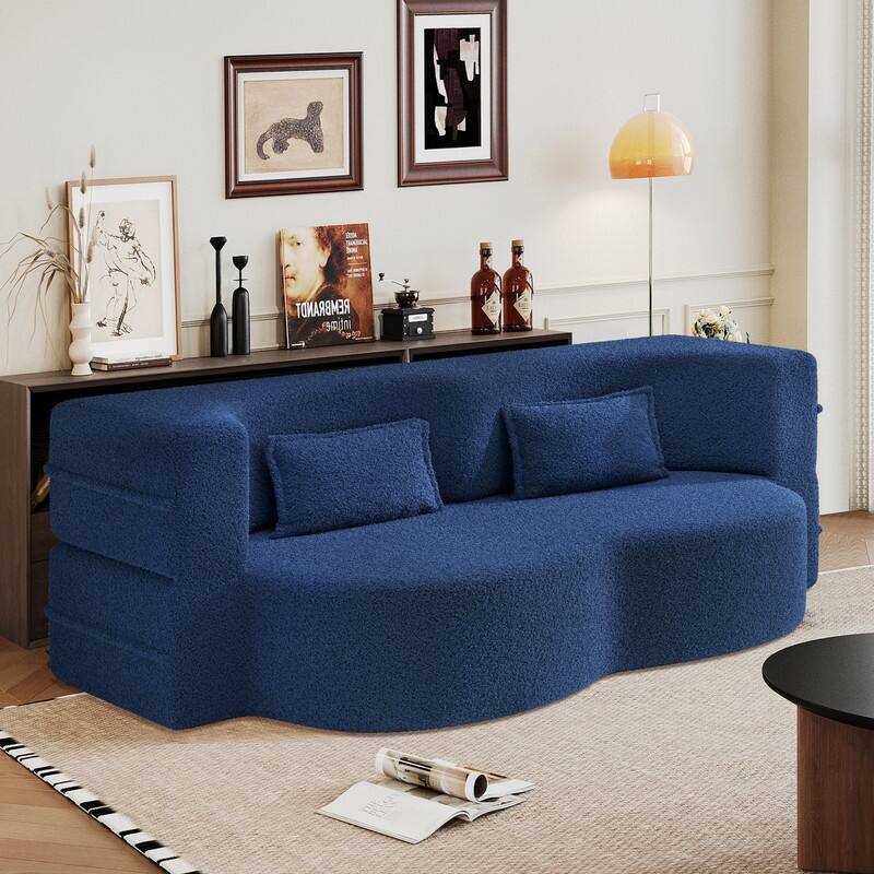 Modern 78.7" Floor Sofa With 2 Pillows For Small Pace Living Room, Convertible Sleeper Sofa Bed - Blue Teddy Fabric