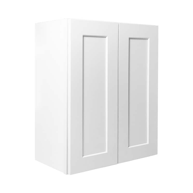 White Solid Wood Double Door Wall Cabinet 2 Doors and 2 Shelves for Kitchen Storage, Adjustable Shelves (27"W×12"D×36"H) - White